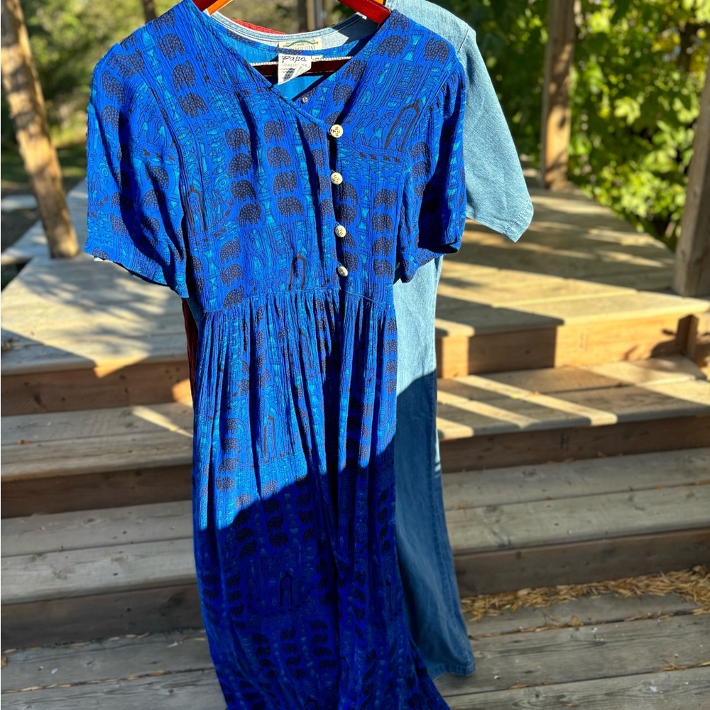 Vintage 90s Papa Vancouver Blue Elephant Print Dress- Size Small